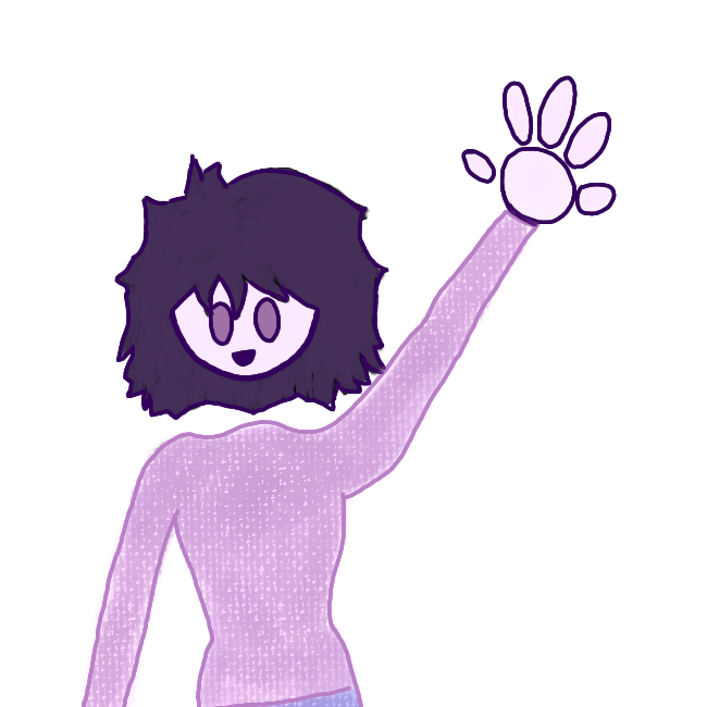 drawing of a person with purple hair, a pink shirt and blue pants waving at you